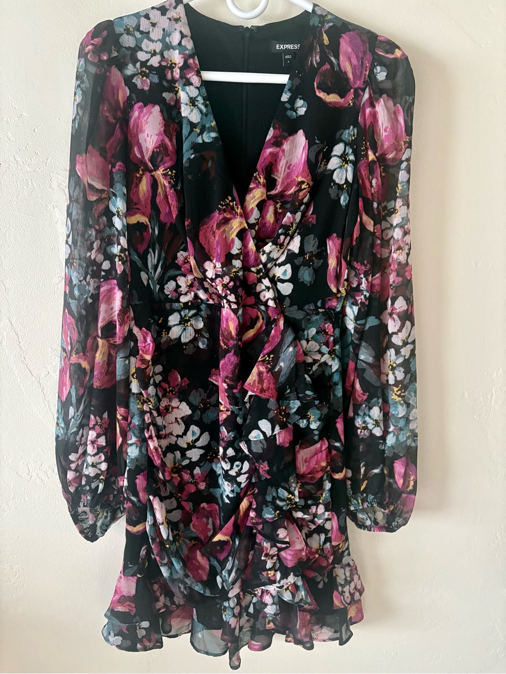 Express Black Floral Ruffle Dress Romantic Wedding Cocktail Evening Fairy